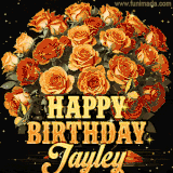 Animated bouquet of orange roses with moving butterfles and golden 'Happy Birthday Jayley' text, surrounded by sparkling accents and a dark backdrop for a luxurious feel.