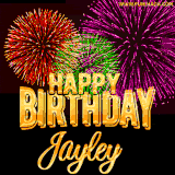 A golden 'Happy Birthday Jayley' message with vibrant fireworks in the background, creating a festive and celebratory vibe in this animated name GIF.
