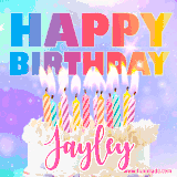 A vibrant animated name GIF with the words 'Happy Birthday Jayley' with colorful candles on a creamy cake. The background sparkles with pastel shades, adding a festive touch.