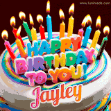 A colorful birthday cake topped with lit candles, with the words 'Happy Birthday Jayley' in bold glowing letters on a burgundy background. Animated flames add a festive touch.