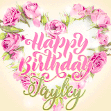 A stunning heart made of pink roses surrounds the elegant script text 'Happy Birthday Jayley' on a soft beige background. Animated sparkles add a magical and festive feel.