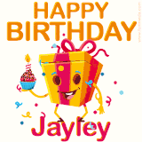 A vibrant and funny gift box character with a happy face dancing with a cupcake and the text 'Happy Birthday Jayley,' surrounded by animated confetti and party vibes.