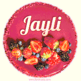 Beautifully decorated red velvet berry birthday cake with vibrant fruits and a glowing 'Jayli' name, adding a touch of sweetness and sparkle.
