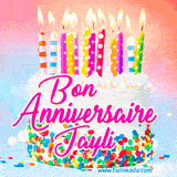 A white birthday cake covered in colorful sprinkles, topped with bright candles, and French text 'Bon Anniversaire Jayli' on a pastel gradient background in an animated GIF.