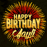 Golden 'Happy Birthday Jayli' text accompanied by animated rainbow fireworks for a festive animated greeting.