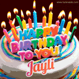 A colorful birthday cake topped with lit candles, with the words 'Happy Birthday Jayli' in bold glowing letters on a burgundy background. Animated flames add a festive touch.