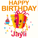 A vibrant and funny gift box character with a happy face dancing with a cupcake and the text 'Happy Birthday Jayli,' surrounded by animated confetti and party vibes.