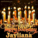 A glowing personalized birthday GIF with name Jayliana featuring lit candles with intricate designs, warm lighting, and the text 'Happy Birthday' in an elegant font.