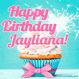 A festive cupcake with pink icing, a gingham bow, and a lit animated sparkler, paired with 'Happy Birthday Jayliana!' in bright pink text.