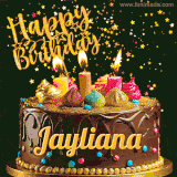 A delightful chocolate birthday cake with bright candles and 'Happy Birthday Jayliana' written in gold amidst a shower of animated stars.