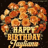 Animated bouquet of orange roses with moving butterfles and golden 'Happy Birthday Jayliana' text, surrounded by sparkling accents and a dark backdrop for a luxurious feel.