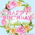 A charming animated GIF featuring 'Happy Birthday Jayliana' in pink and green text, surrounded by delicate roses, leaves, and fluttering butterflies on a soft light blue pastel background.
