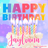 A vibrant animated name GIF with the words 'Happy Birthday Jayliana' with colorful candles on a creamy cake. The background sparkles with pastel shades, adding a festive touch.