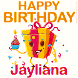 A vibrant and funny gift box character with a happy face dancing with a cupcake and the text 'Happy Birthday Jayliana,' surrounded by animated confetti and party vibes.