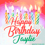Bright birthday candles with rainbow flames on a cake, alongside the text 'Happy Birthday Jaylie' in vibrant script in this celebratory animated GIF.