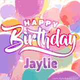 A vibrant name GIF featuring colorful balloons in shades of pink, orange, and yellow with the bold text 'Happy Birthday Jaylie' in festive fonts, creating a lively birthday vibe.