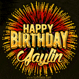 Golden 'Happy Birthday Jaylin' text accompanied by animated rainbow fireworks for a festive animated greeting.