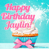 A festive cupcake with pink icing, a gingham bow, and a lit animated sparkler, paired with 'Happy Birthday Jaylin!' in bright pink text.