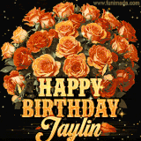 Animated bouquet of orange roses with moving butterfles and golden 'Happy Birthday Jaylin' text, surrounded by sparkling accents and a dark backdrop for a luxurious feel.