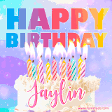 A vibrant animated name GIF with the words 'Happy Birthday Jaylin' with colorful candles on a creamy cake. The background sparkles with pastel shades, adding a festive touch.