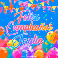 A vibrant animated GIF with 'Feliz Cumpleaños Jaylin' written in colorful script, surrounded by balloons, confetti, and bunting on a bright blue background.