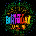 A colorful animated GIF featuring the text 'Happy Birthday Jaylin!' in rainbow colors with a dynamic iridescent firework display in the background.