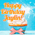 A cheerful animated GIF of a cupcake with creamy frosting, a red checkered ribbon, and a bright sparkler on top. The text 'Happy Birthday Jaylin!' is displayed in vibrant orange and red.