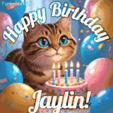 A playful tabby cat sits behind a colorful birthday cake surrounded by balloons and confetti, with 'Happy Birthday Jaylin!' written above in festive letters.