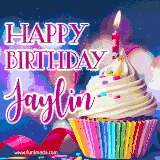 A festive animated GIF featuring a colorful cupcake with a single lit candle, sprinkles, and 'Happy Birthday Jaylin' text against a sparkling, celebratory background.