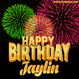 A captivating GIF with bursts of green, pink, and orange fireworks lighting up the night sky, accompanied by 'Happy Birthday Jaylin' in glowing golden text.