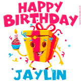 A funny animated birthday GIF with the words 'Happy Birthday Jaylina', colorful gift box with arms and legs, holding a cupcake with a lit candle  with confetti everywhere.