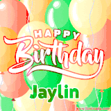 Animated GIF featuring colorful balloons in the background with the cheerful text 'Happy Birthday Jaylin'.