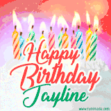 Bright birthday candles with rainbow flames on a cake, alongside the text 'Happy Birthday Jayline' in vibrant script in this celebratory animated GIF.