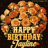 Animated bouquet of orange roses with moving butterfles and golden 'Happy Birthday Jayline' text, surrounded by sparkling accents and a dark backdrop for a luxurious feel.
