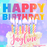 A vibrant animated name GIF with the words 'Happy Birthday Jayline' with colorful candles on a creamy cake. The background sparkles with pastel shades, adding a festive touch.