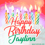 Bright birthday candles with rainbow flames on a cake, alongside the text 'Happy Birthday Jaylinn' in vibrant script in this celebratory animated GIF.