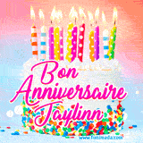 A white birthday cake covered in colorful sprinkles, topped with bright candles, and French text 'Bon Anniversaire Jaylinn' on a pastel gradient background in an animated GIF.