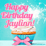 A festive cupcake with pink icing, a gingham bow, and a lit animated sparkler, paired with 'Happy Birthday Jaylinn!' in bright pink text.
