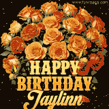 Animated bouquet of orange roses with moving butterfles and golden 'Happy Birthday Jaylinn' text, surrounded by sparkling accents and a dark backdrop for a luxurious feel.