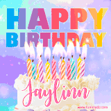 A vibrant animated name GIF with the words 'Happy Birthday Jaylinn' with colorful candles on a creamy cake. The background sparkles with pastel shades, adding a festive touch.