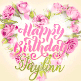 A stunning heart made of pink roses surrounds the elegant script text 'Happy Birthday Jaylinn' on a soft beige background. Animated sparkles add a magical and festive feel.