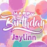 A vibrant name GIF featuring colorful balloons in shades of pink, orange, and yellow with the bold text 'Happy Birthday Jaylinn' in festive fonts, creating a lively birthday vibe.