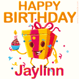 A vibrant and funny gift box character with a happy face dancing with a cupcake and the text 'Happy Birthday Jaylinn,' surrounded by animated confetti and party vibes.