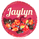 Beautifully decorated red velvet berry birthday cake with vibrant fruits and a glowing 'Jaylyn' name, adding a touch of sweetness and sparkle.