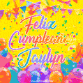 A bright and festive GIF with the text 'Feliz Cumpleaños Jaylyn' in Spanish in colorful fonts, surrounded by confetti, balloons, and festive banners on a vibrant yellow background.