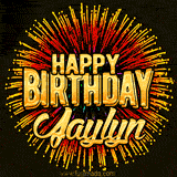 Golden 'Happy Birthday Jaylyn' text accompanied by animated rainbow fireworks for a festive animated greeting.