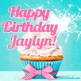 A festive cupcake with pink icing, a gingham bow, and a lit animated sparkler, paired with 'Happy Birthday Jaylyn!' in bright pink text.