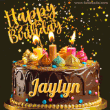A delightful chocolate birthday cake with bright candles and 'Happy Birthday Jaylyn' written in gold amidst a shower of animated stars.