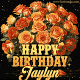 Animated bouquet of orange roses with moving butterfles and golden 'Happy Birthday Jaylyn' text, surrounded by sparkling accents and a dark backdrop for a luxurious feel.