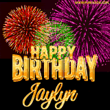 A golden 'Happy Birthday Jaylyn' message with vibrant fireworks in the background, creating a festive and celebratory vibe in this animated name GIF.